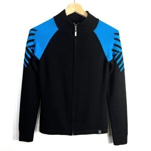 Neve Designs Women's 100% Wool Sweater Small Black Blue‎ Full-Zip Nordic Knit